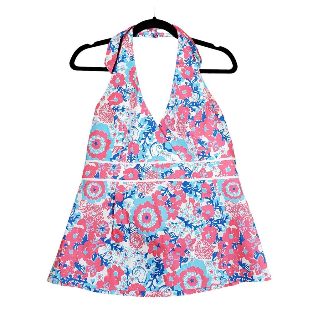 Lilly Pulitzer sz 12 Willa Halter Top in White Shell Yeah Pink Blue Floral NWT